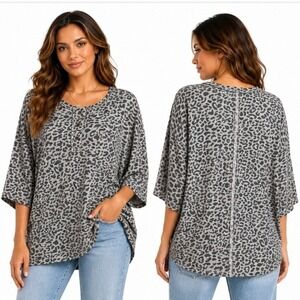 POL Henley Top Women Small Gray Leopard Print Oversized BWT499 Short Sleeve